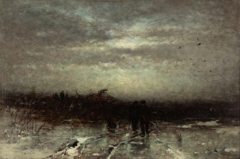 Ludwig Munthe, Twilight Landscape with Hunters on a Frozen Lake.