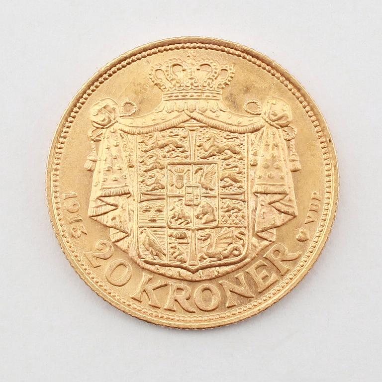 GULDMYNT, 20 kroner, Christian X, Danmark, 1913. Vikt ca 9 gram.
