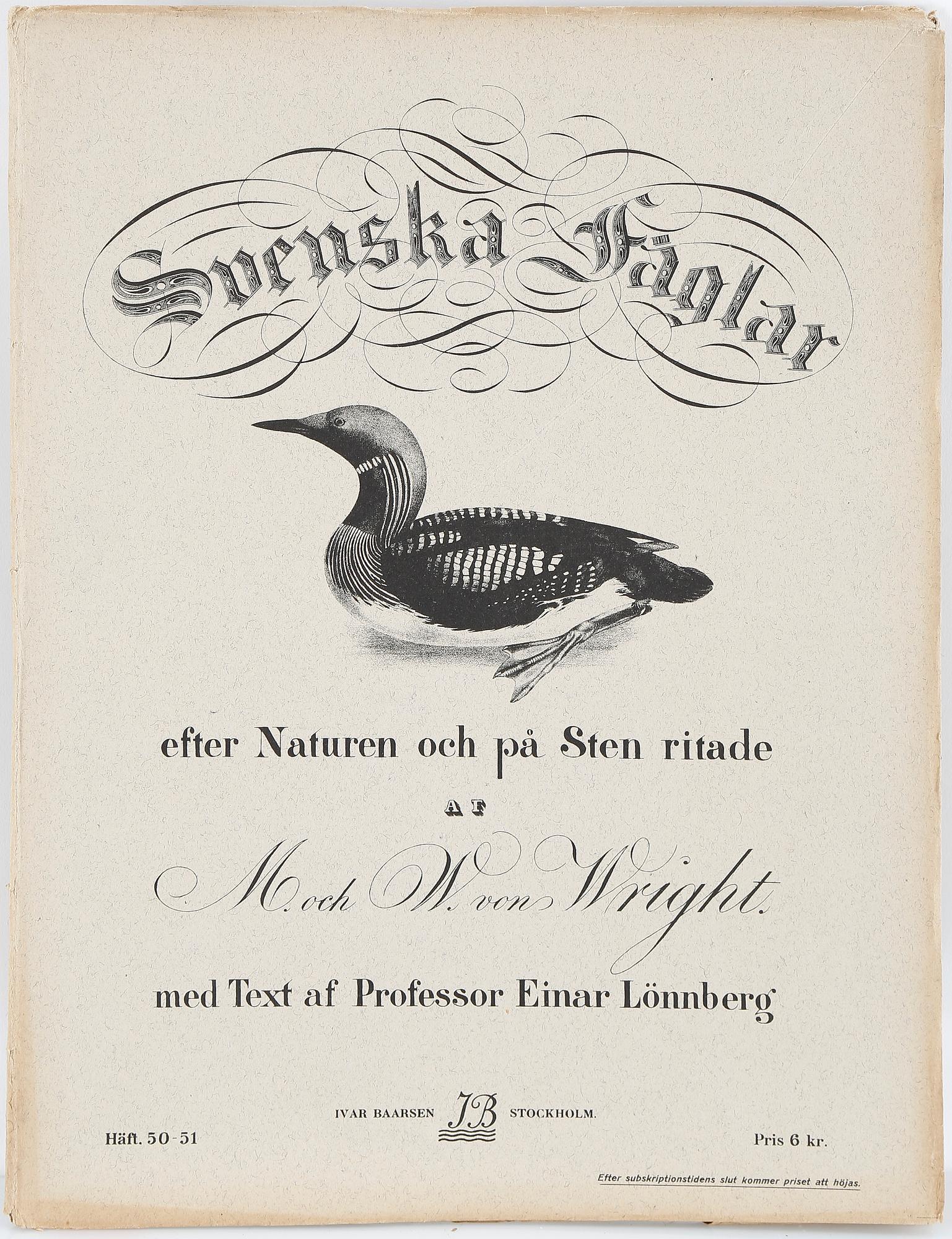 LITOGRAFIER, 12 stycken, ur "Svenska fåglar", Magnus och Wilhelm von Wright, A Börtzells, 1900-talets första hälft.