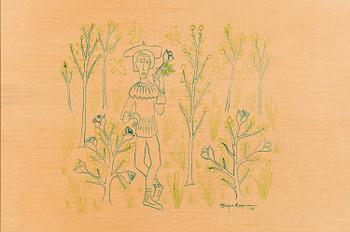 Birger Kaipiainen, drawing, green ink on plywood, signed and dated -46.