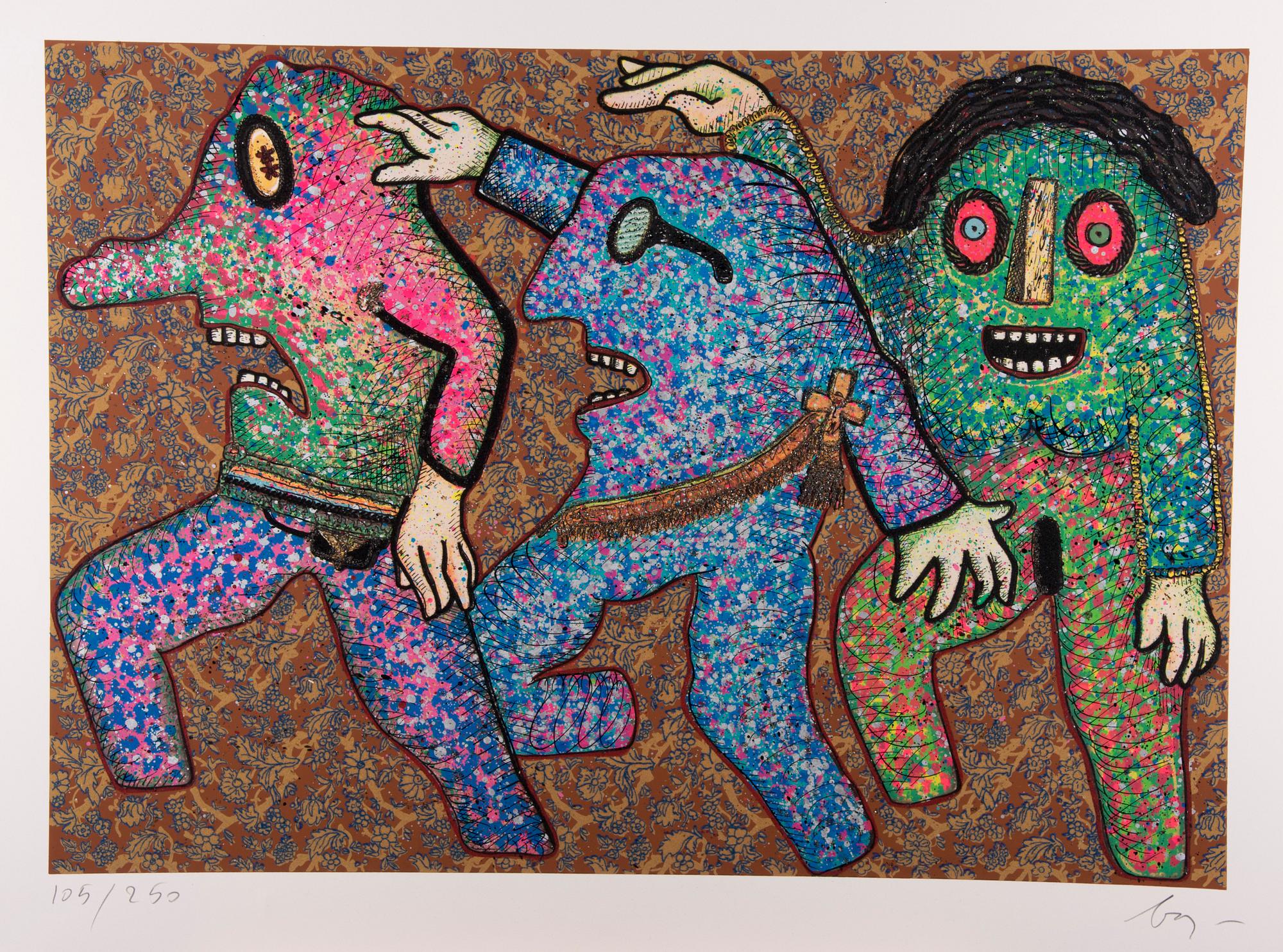 ENRICO BAJ, blandteknik och färgtryck, 5 st, signerade och numrerade.