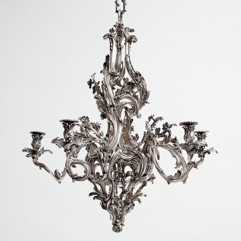 A highly important and rare Louis XV silvered brass
five-light chandelier  attributed to Pierre Boulanger, Paris c 1750.