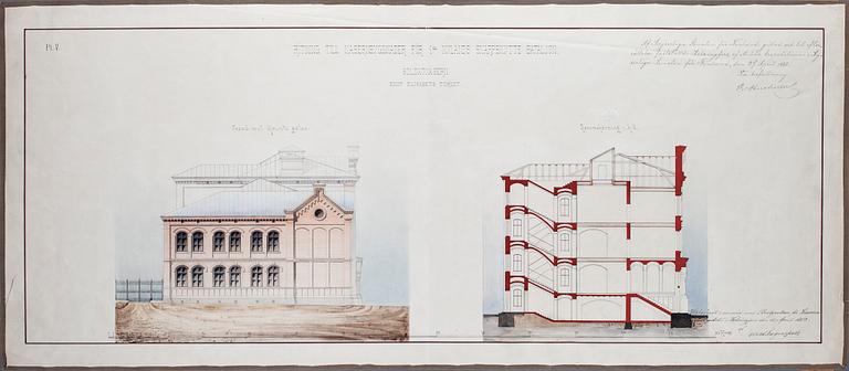 ARKITEKTRITNINGAR, 2 st, akvarell, daterade 27 april och 16 augusti 1882 i Helsingfors.