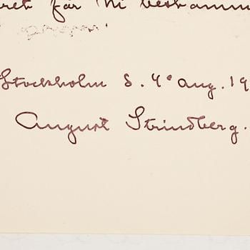 AUGUST STRINDBERG (1849-1912), egenhändigt brevkort med signatur, dat Stockholm 4 aug 1903.