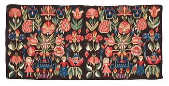 1180. CARRIAGE CUSHION, tapestry weave. "Flower cushion with stylized vases and people". 47 x 101 cm. South of Scania, Sweden, the second half of the 18th century til early 19th century. Probably Torna district.
