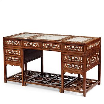 A Chinese writng desk with stone placques and mother of pearl inlay, late Qing dynasty.