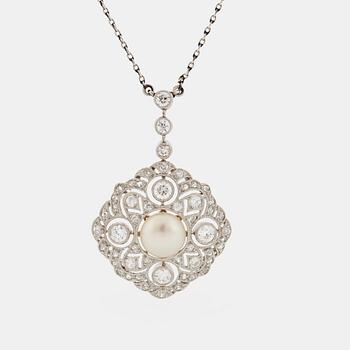 932. A platinum pendant set with a bouton pearl and old- and rose-cut diamonds.