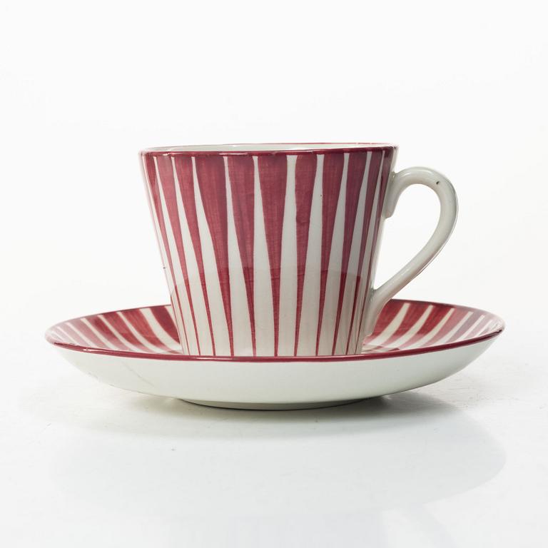 Eugen Trost, Three 'Red Zebra' cream-ware coffee cups on saucers, Uppsala-Ekeby Gefle.