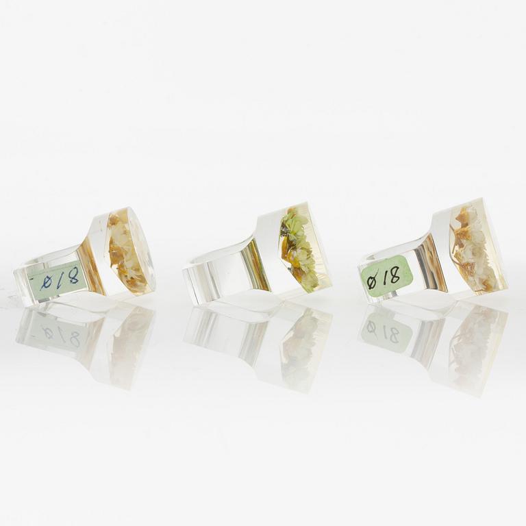 Siv Lagerström, three rings, acrylic plastic. Engraved works from the 1970s.