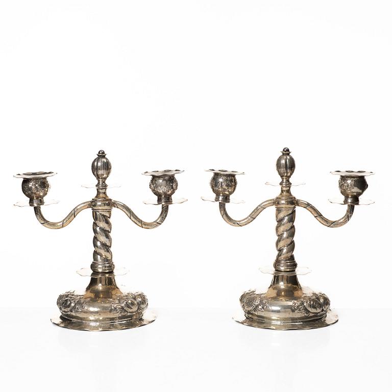 C.G. Hallberg, Kandelabrar, ett par, silver, barockstil, Stockholm 1946.