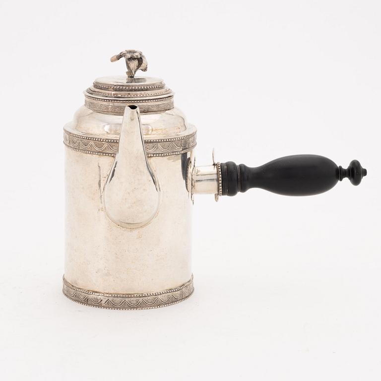 A silver coffee pot by Chrstian Lundahl, Skara, 1799.