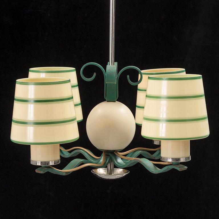 A wrought iron and glass for armed ceilig light,early 20th century.