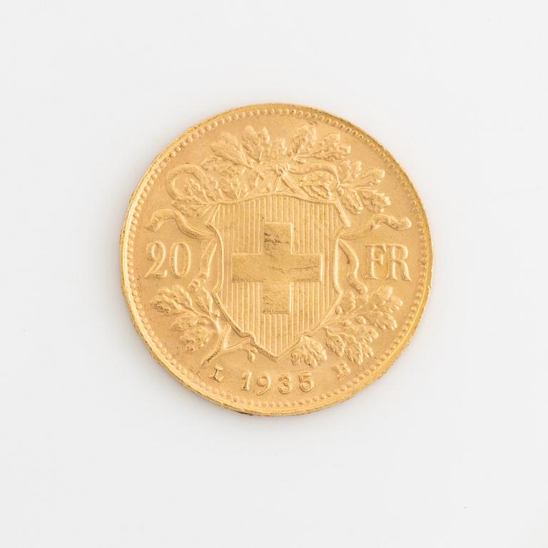 Guldmynt, Schweiz, 20 Franc, 1935.