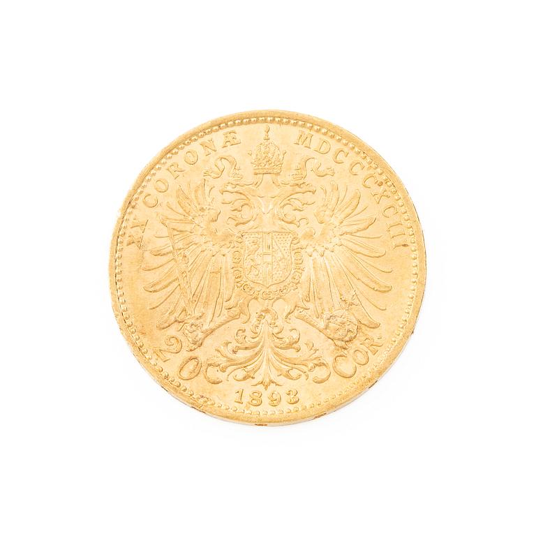 Gold coin, Austria-Hungary, 20 Corona, 1893.
