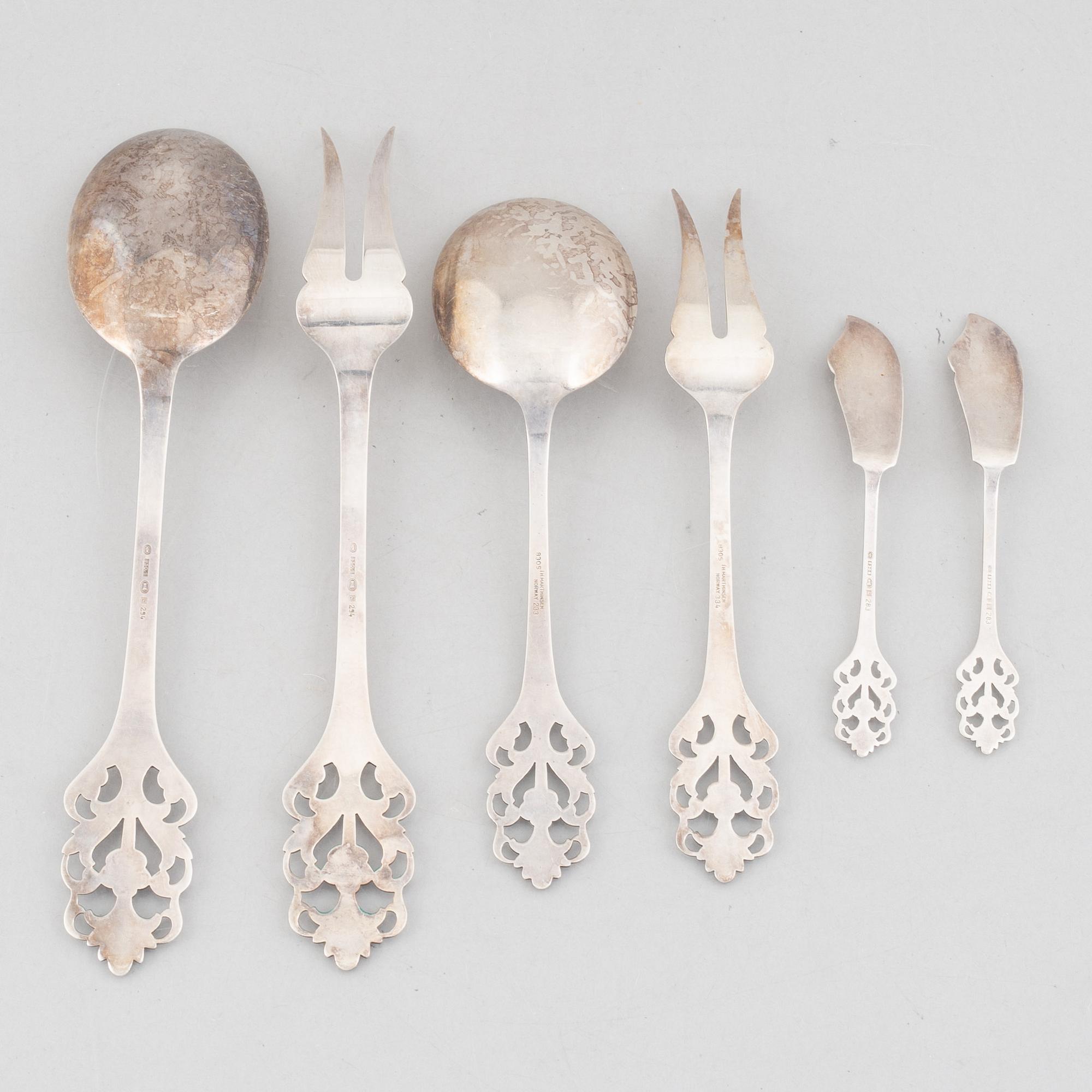 A set of six cutlery service parts, marks of Thorvald Marthinsen Sølvvarefabrik, Norway, 20th century.