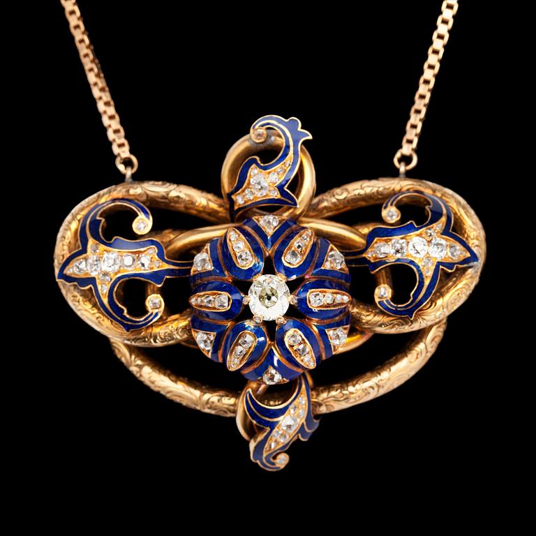 HÄNGSMYCKE, antikslipade diamanter, mittsten ca 0.85 ct, i guld med blått emaljarbete, 1800-tal.