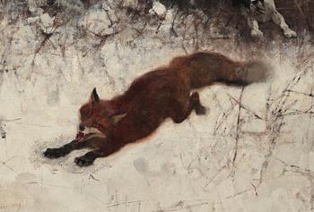 Bruno Liljefors, Winter hunt with fox and hounds.