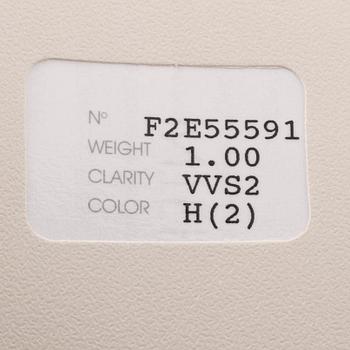 BRILJANTSLIPAD DIAMANT, 1.00 ct, oinfattad, certifikat daterat 1997.