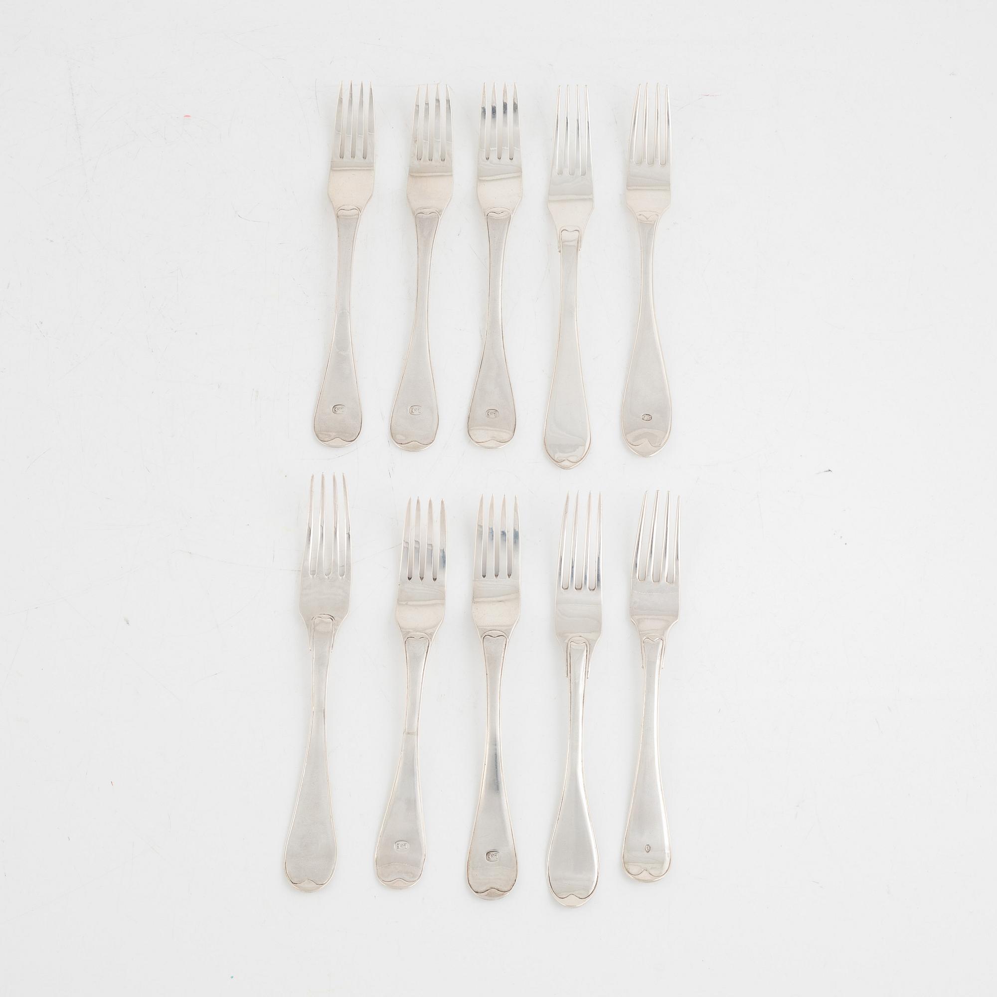 Gafflar, 10 st, silver, bl.a. Magnus Ljungqvist, Kristianstad 1798.