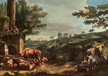 355. Mattei de Pitocchi Ghidoni Hans efterföljd, Landskap med herdepar och boskap.