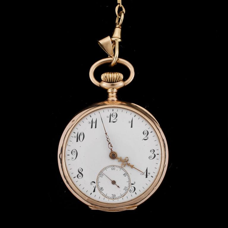 FICKUR OCH KLOCKKEDJA, 18k guld, Omega, omkring 1900. Vikt 47g resp 11,7g.