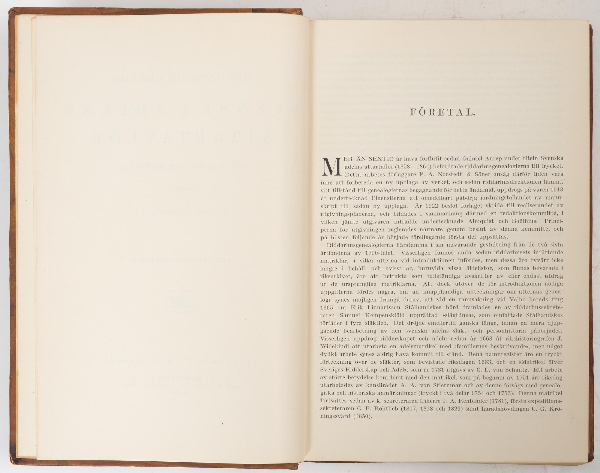 Nine volumes of Gustaf Elgenstierna's 'Den introducerade svenska adelns ättartavlor', 1925-1936.