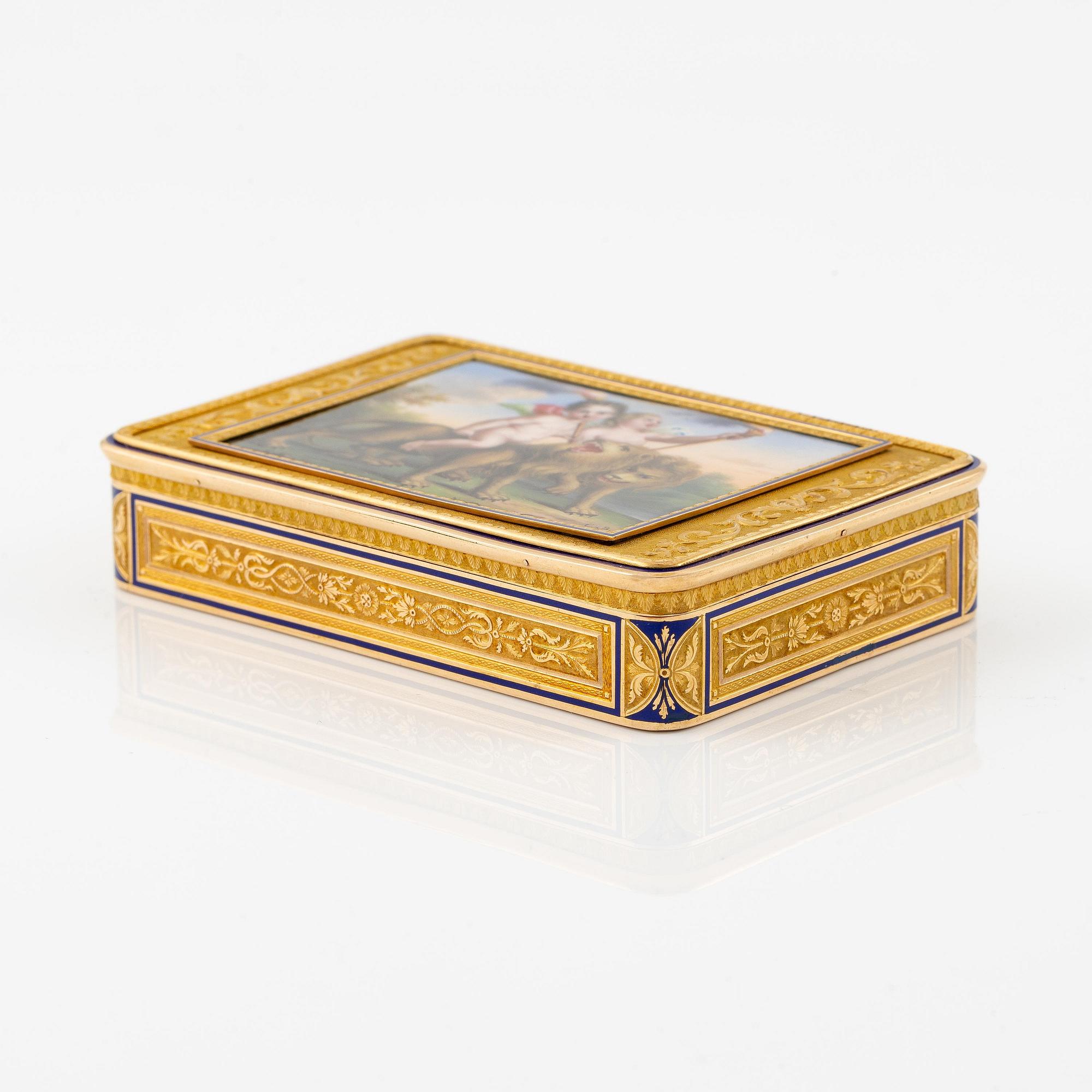 A probably Swiss 19th century two colour gold snuff box with enamel, unidentified maker's mark.