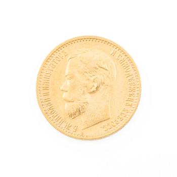 Gold coin, Nicholas II, Russia, 5 Rubles, 1899.