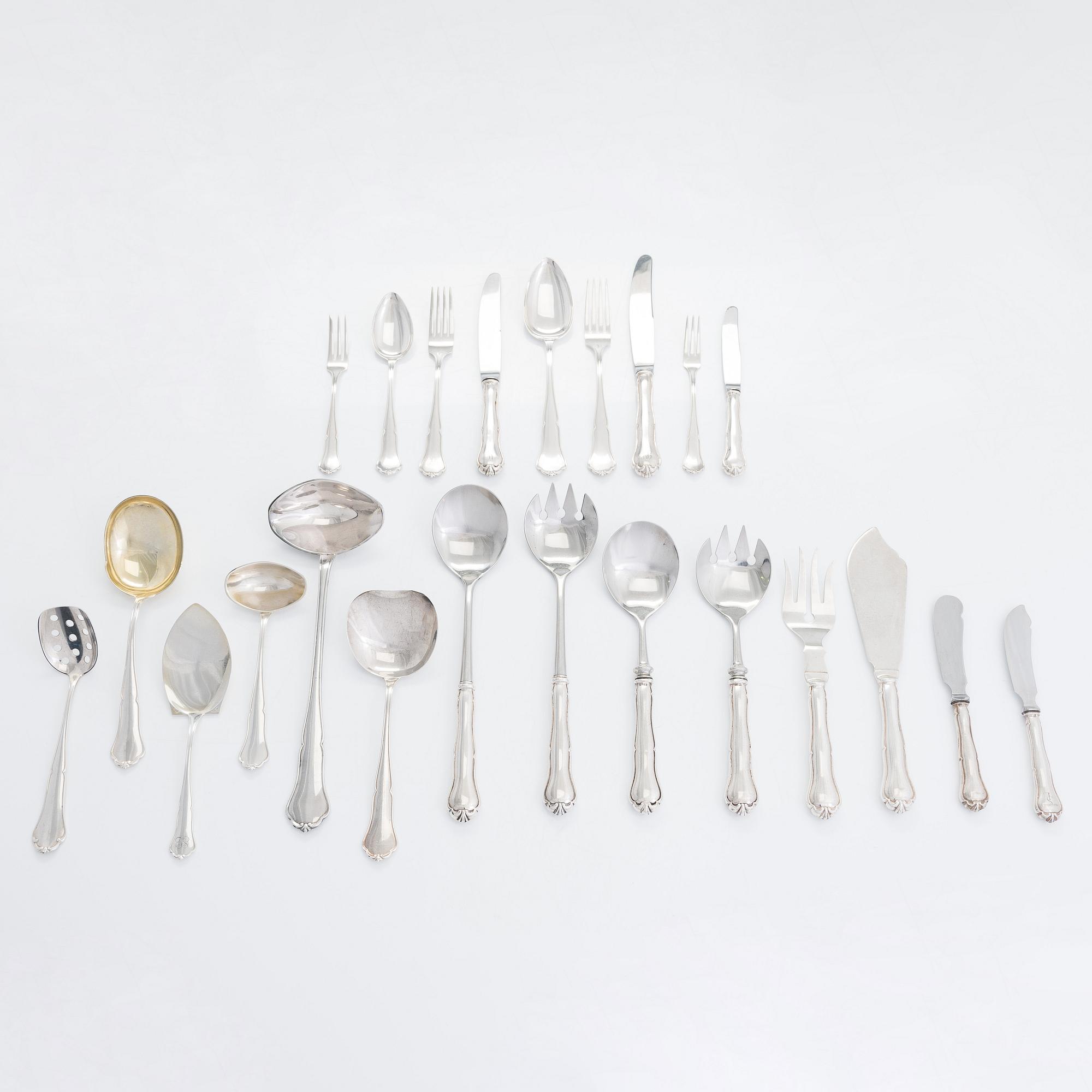 Bestickuppsättning, 107 dlr, silver, "Chippendale", Kultakeskus, Tavastehus 1961-1974.