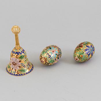Three small boxes, two eggs and a bell, enamel, probably China, second half of th 20th century.