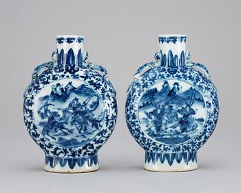 Two blue and white moon flasks, late Qing about 1900.
