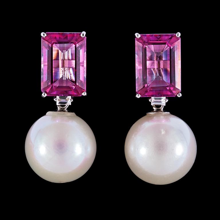 A pair of pink topaz, diamond and cultured South sea pearl earrings.