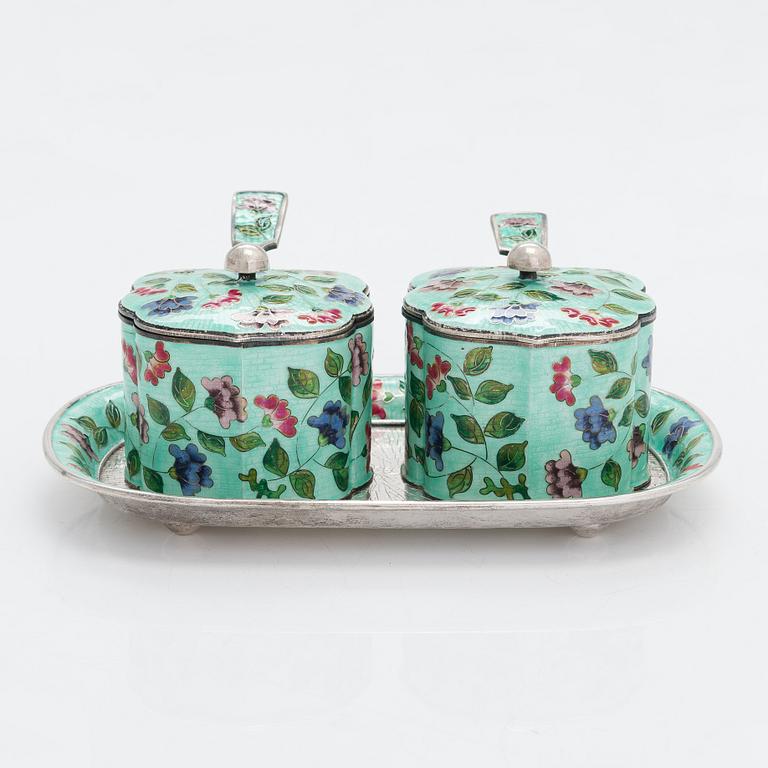 A Korean silver and enamel cruet stand, latter half of the 20th century.