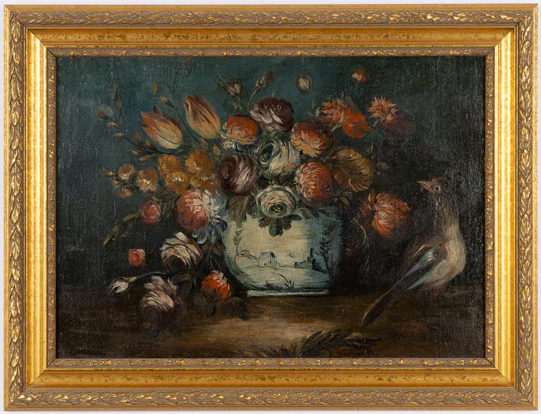 Italian school, 18th century, Still life with flowers and a bird.