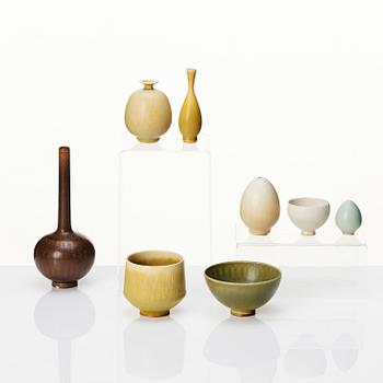 Berndt Friberg, a set of 5 stoneware miniature vases and 3 bowls, Gustavsberg studio, Sweden 1957-66.