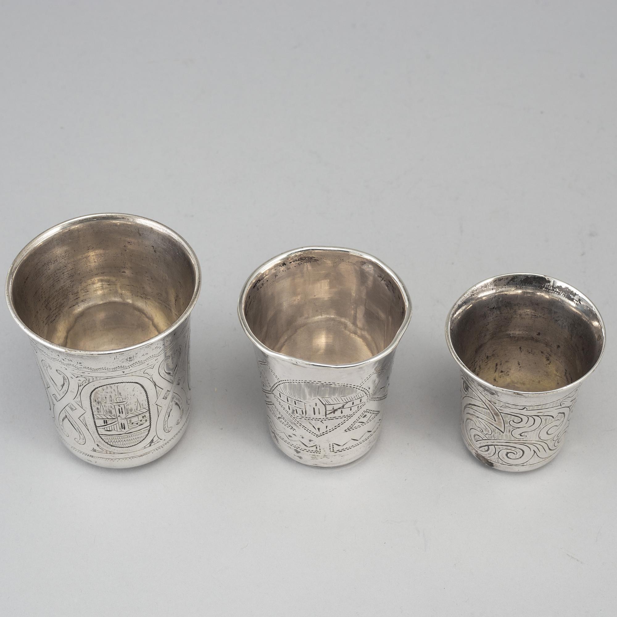 Three Russian silver beakers, late 19th century.
