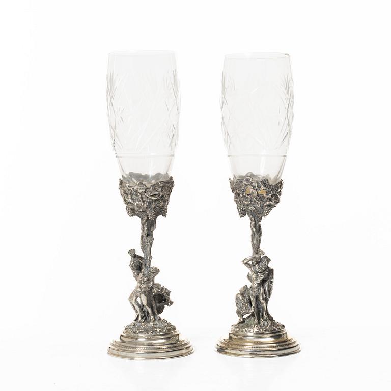 Champagne glasses, a pair, silver and glass, 20th century.