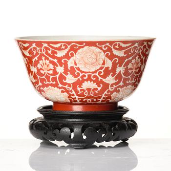 A coral red reverse decorated lotus bowl, Qing dynasty with Daoguang mark in underglaze blue.