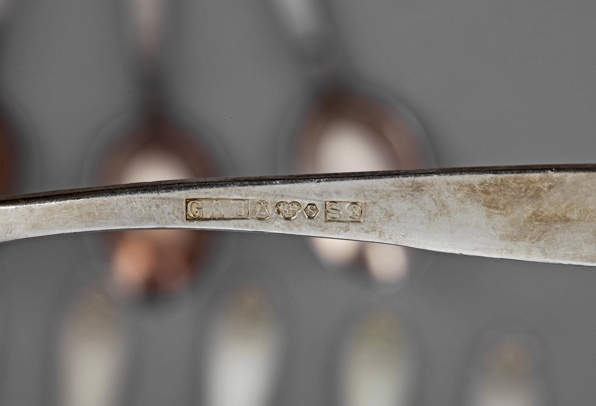 PARTI SKEDAR, 18 delar, silver, GAB, Stockholm, 1900-tal. Tot vikt ca 321g.