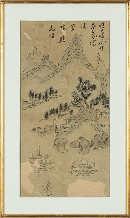 Oidentifierad konstnär, fyra stycken målningar, tusch och akvarell på papper, Korea, omkring 1900.