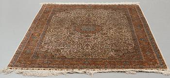 A carpet, an old silk Turkey, ca 237,5 x 146,5  cm (as well as 3,5-4 cm flat weave at the ends).