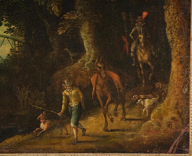 Flemish school, 16th/17th century in the manner of Anton Mirou, Landscape with figure staffage by a village.