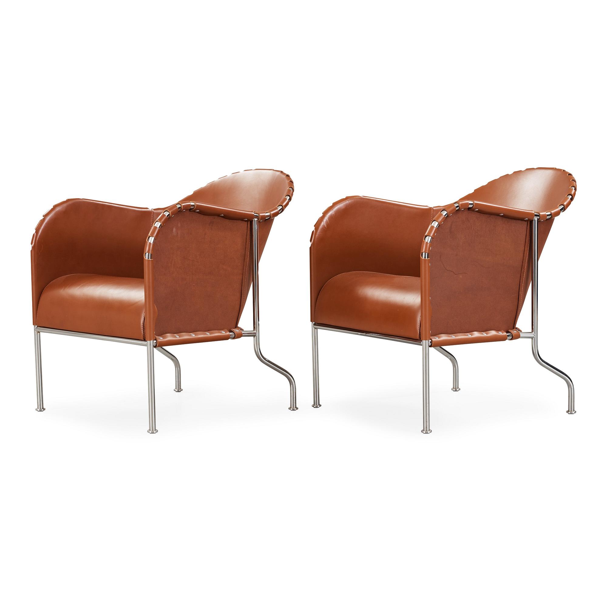 Mats Theselius, A pair of 'Bruno' brown leather and steel easy chairs, Källemo, Sweden.