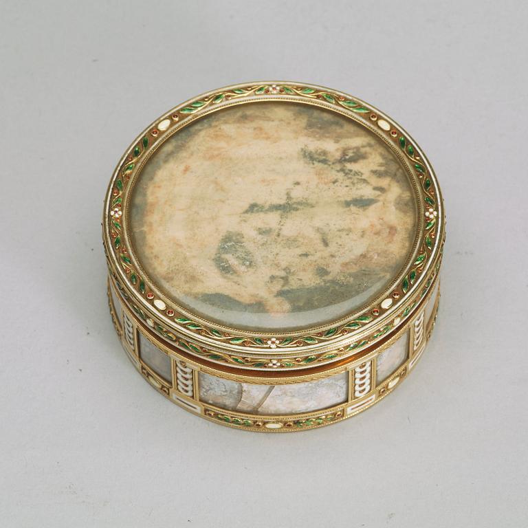 A Fabergé gold, enamel and miniature box, workmaster Henrik Wigstrom, St. Petersburg 1899-1908. Scratched inventory no.