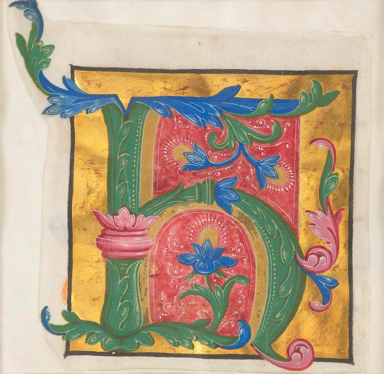 An illuminated initial, presumanly from an Italian musical manuscript, later part 15th century.