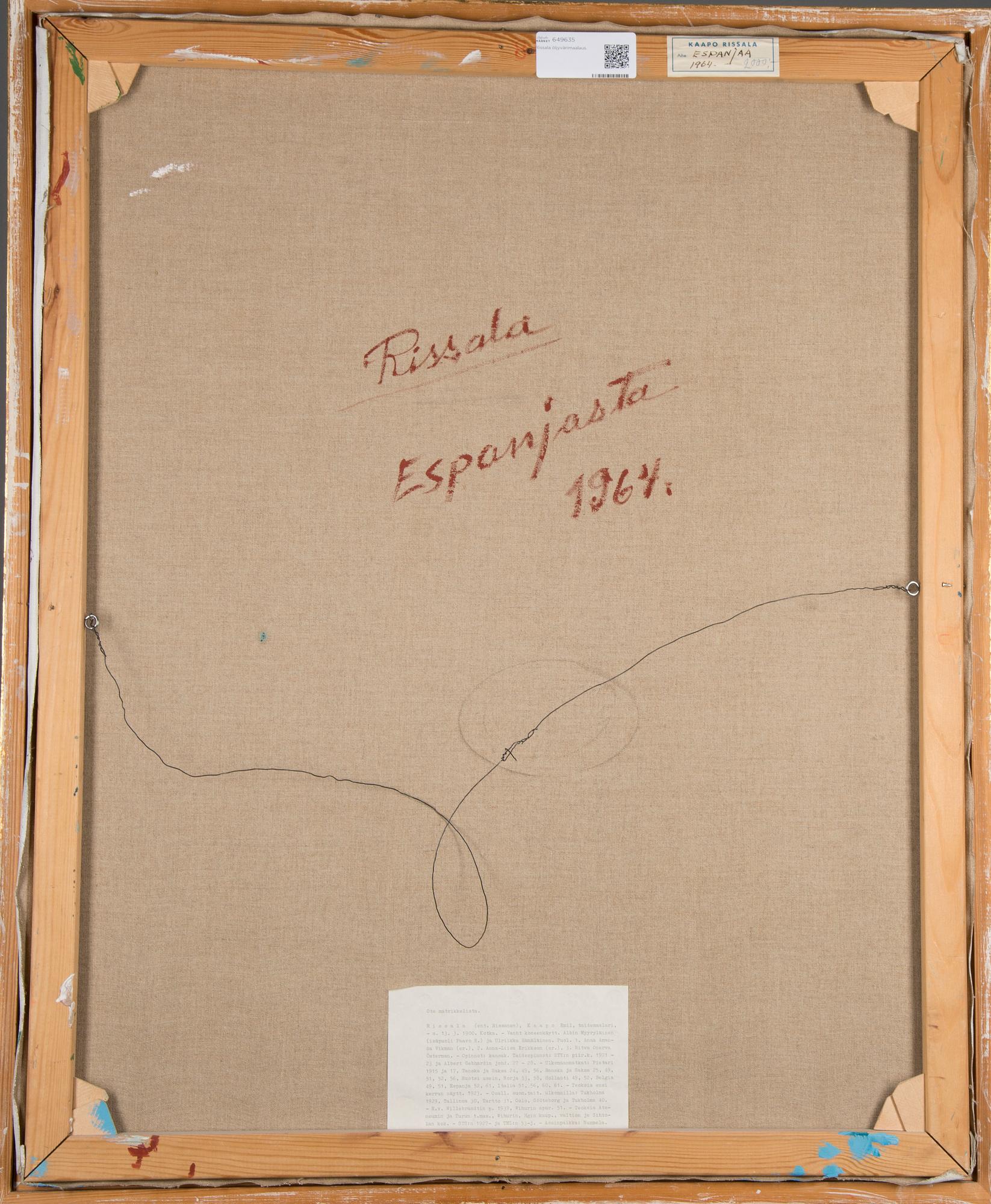 KAAPO RISSALA, olja på duk, signerad, a tergo daterad 1964.