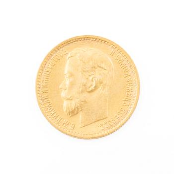 Gold coin, Nicholas II, Russia, 5 Rubles, 1899.