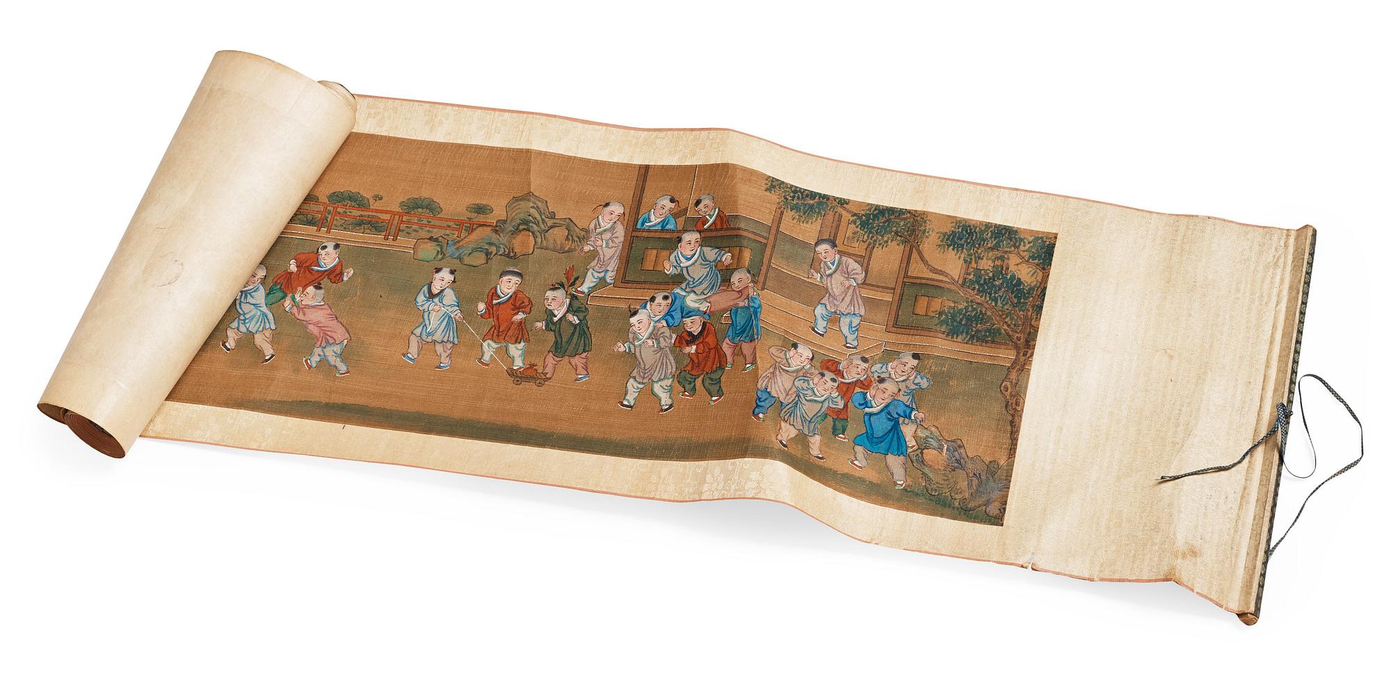A scroll painting, ink and color on paper, Qing dynasty, 19th Century. '100 boys'.