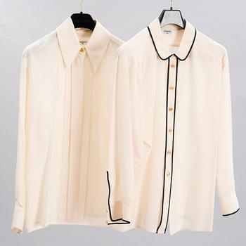 Two Chanel Crepe de Chine Cream Coloured Silk Blouses.