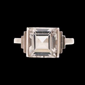 A silver ring set with a step-cut rock quartz crystal by Wiwen Nilsson Lund 1939.